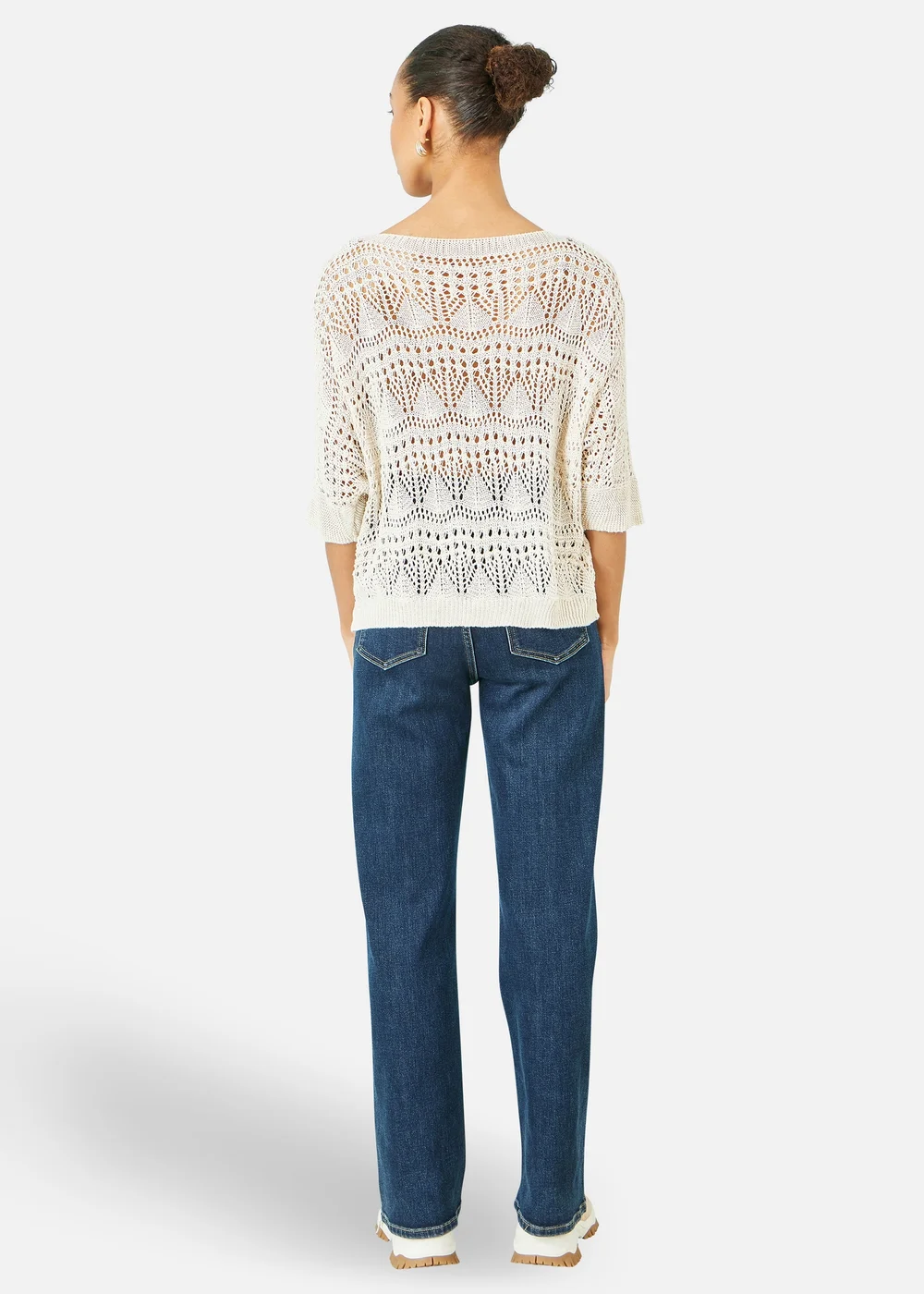 Yumi Beige Cotton Mix Relaxed Fit Pointelle Jumper - L Image 2