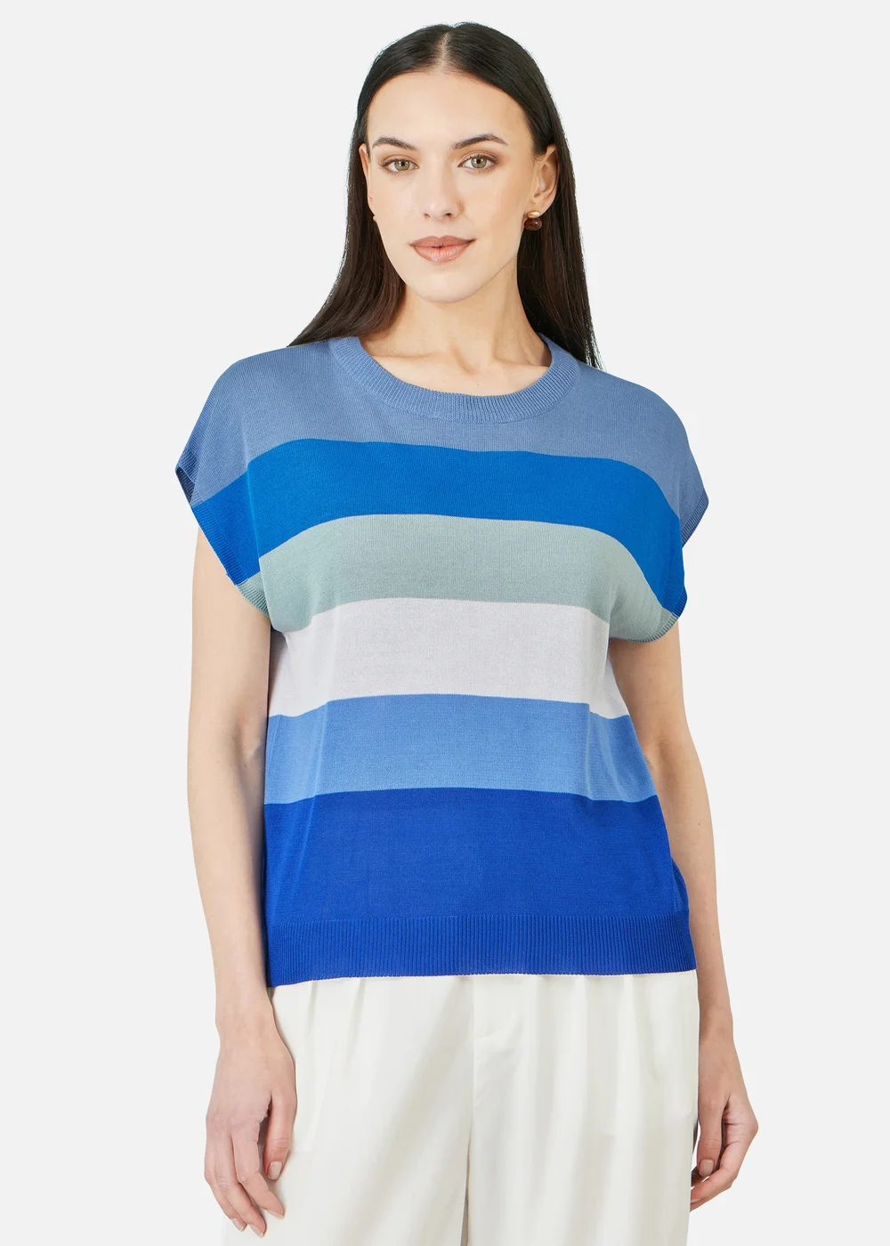Yumi Blue Block Stripe Relaxed Knitted Top - S Image 1