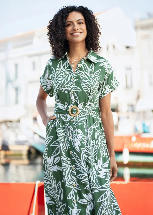 Yumi Green Leaf Print Relaxed Shirtdress