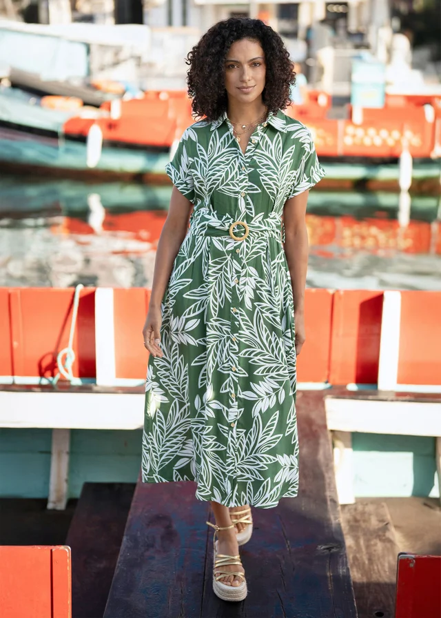 Yumi Green Leaf Print Relaxed Shirtdress