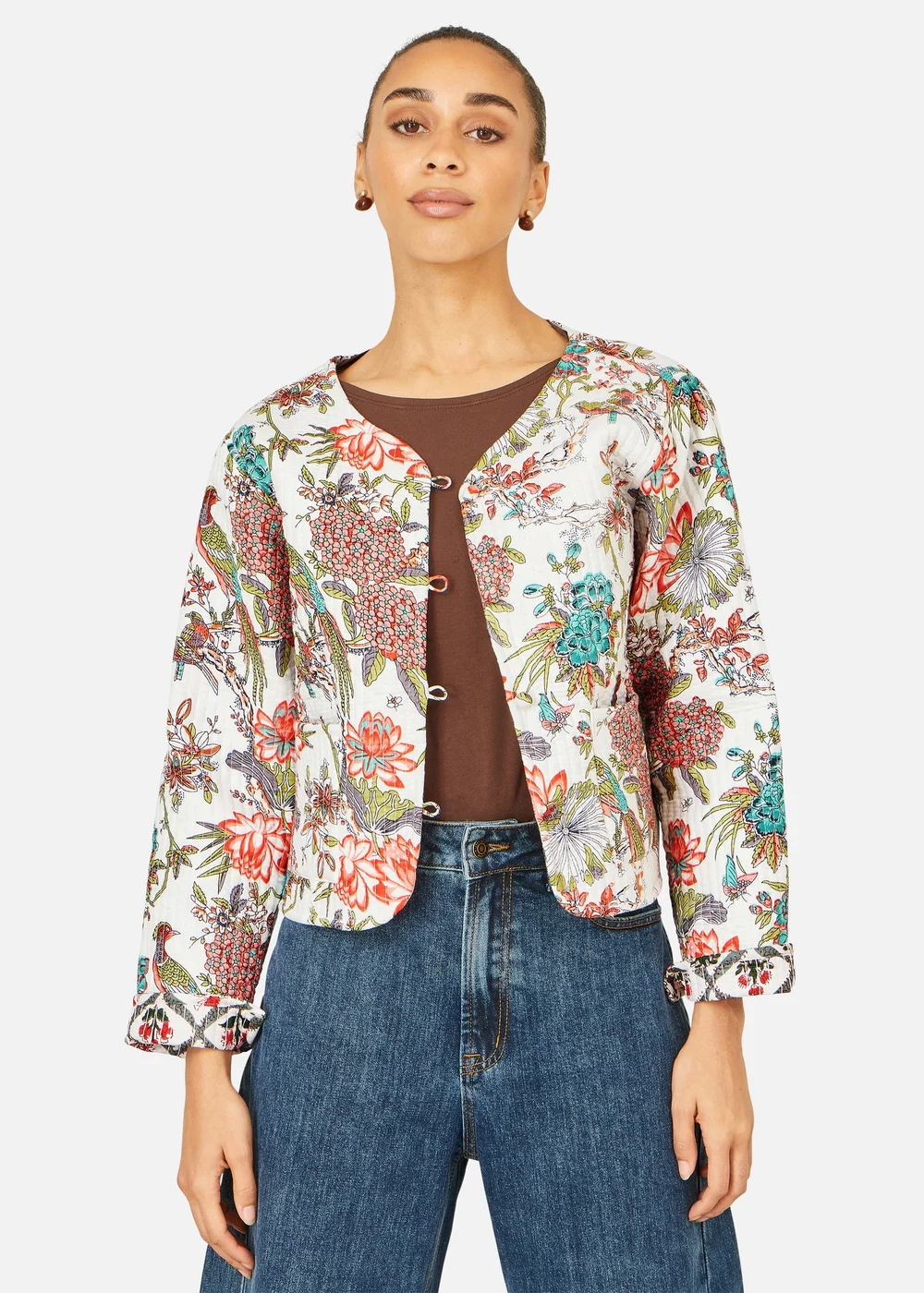 Yumi White Peacock Print Reversible Cotton Quilted Jacket - 12 Image 1
