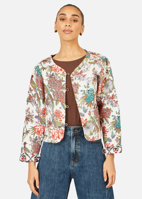 Yumi White Peacock Print Reversible Cotton Quilted Jacket - 12 Image 1