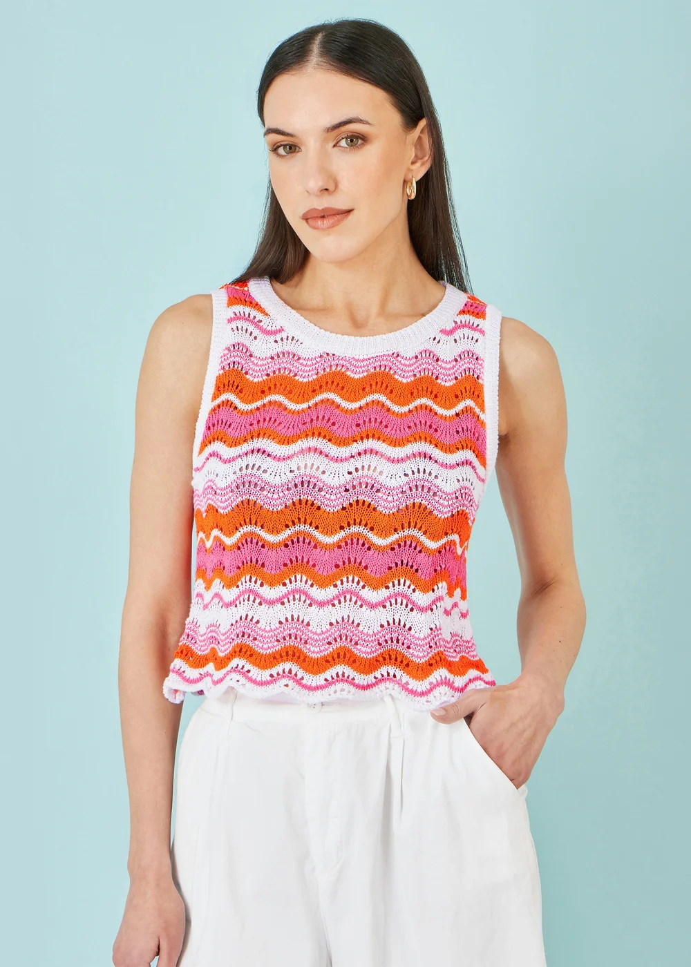 Yumi Orange Stripe Crochet Stripe Vest Top - L Image 1