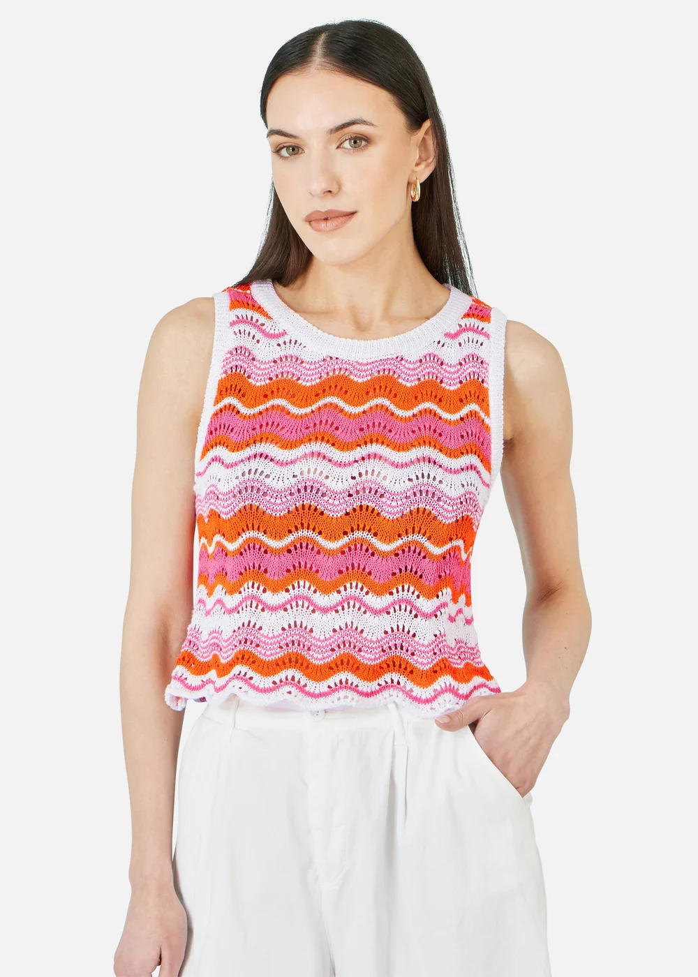 Yumi Orange Stripe Crochet Stripe Vest Top - L Image 1