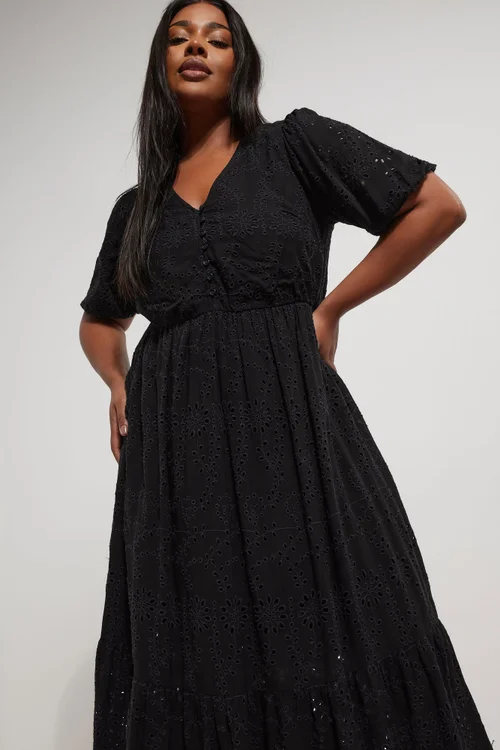 Yours Curve Black Broderie Anglaise Tiered Maxi Dress - 14 Image 2