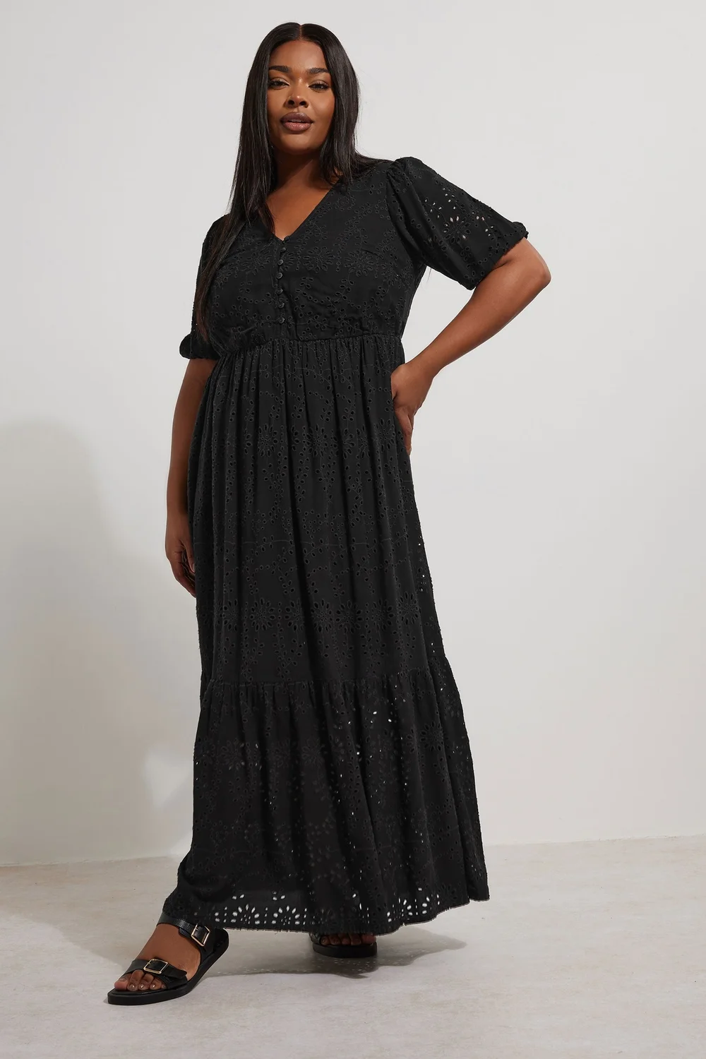 Yours Curve Black Broderie Anglaise Tiered Maxi Dress - 14 Image 1