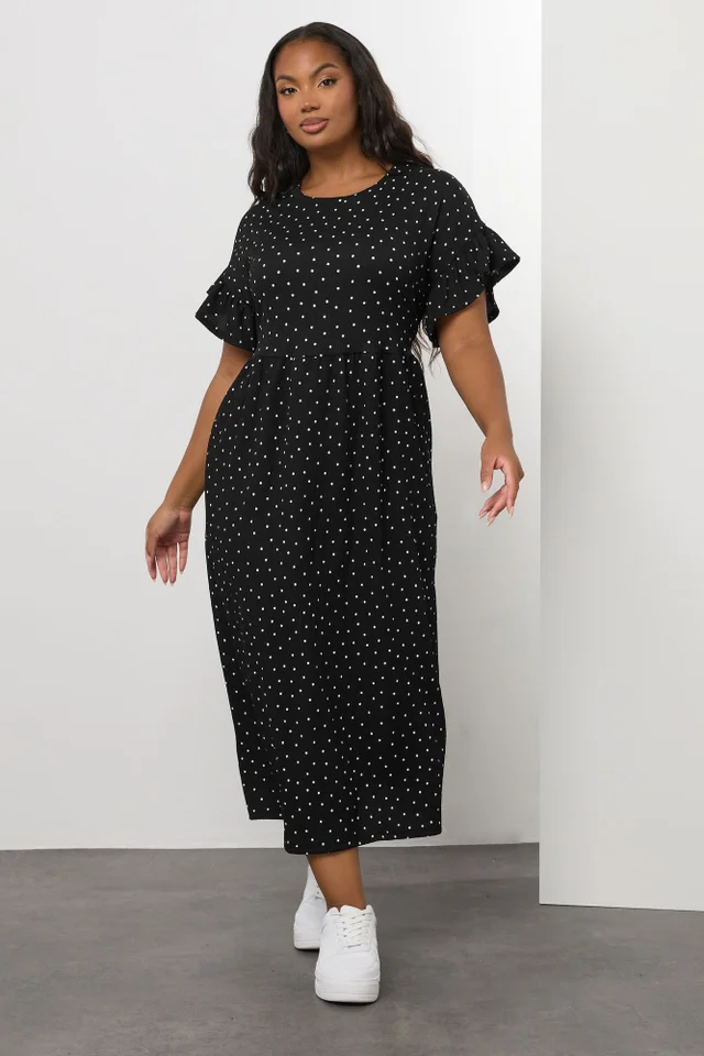 Yours Curve Black Polka Dot Frill Sleeve Maxi Dress