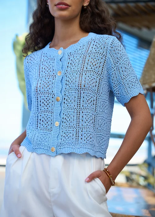 Yumi Blue Crochet Short Sleeve Cardigan - S Image 2