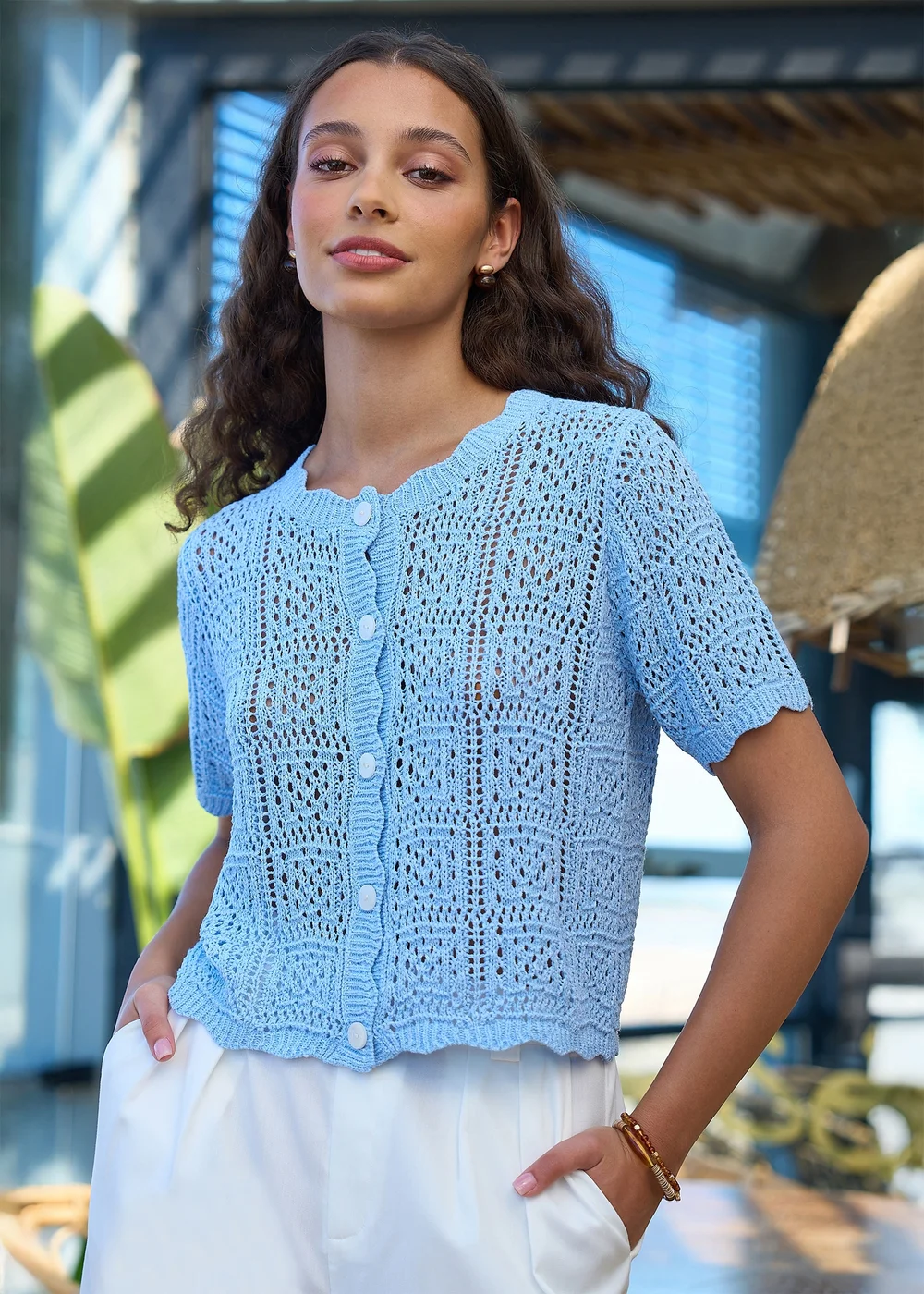 Yumi Blue Crochet Short Sleeve Cardigan - S Image 1