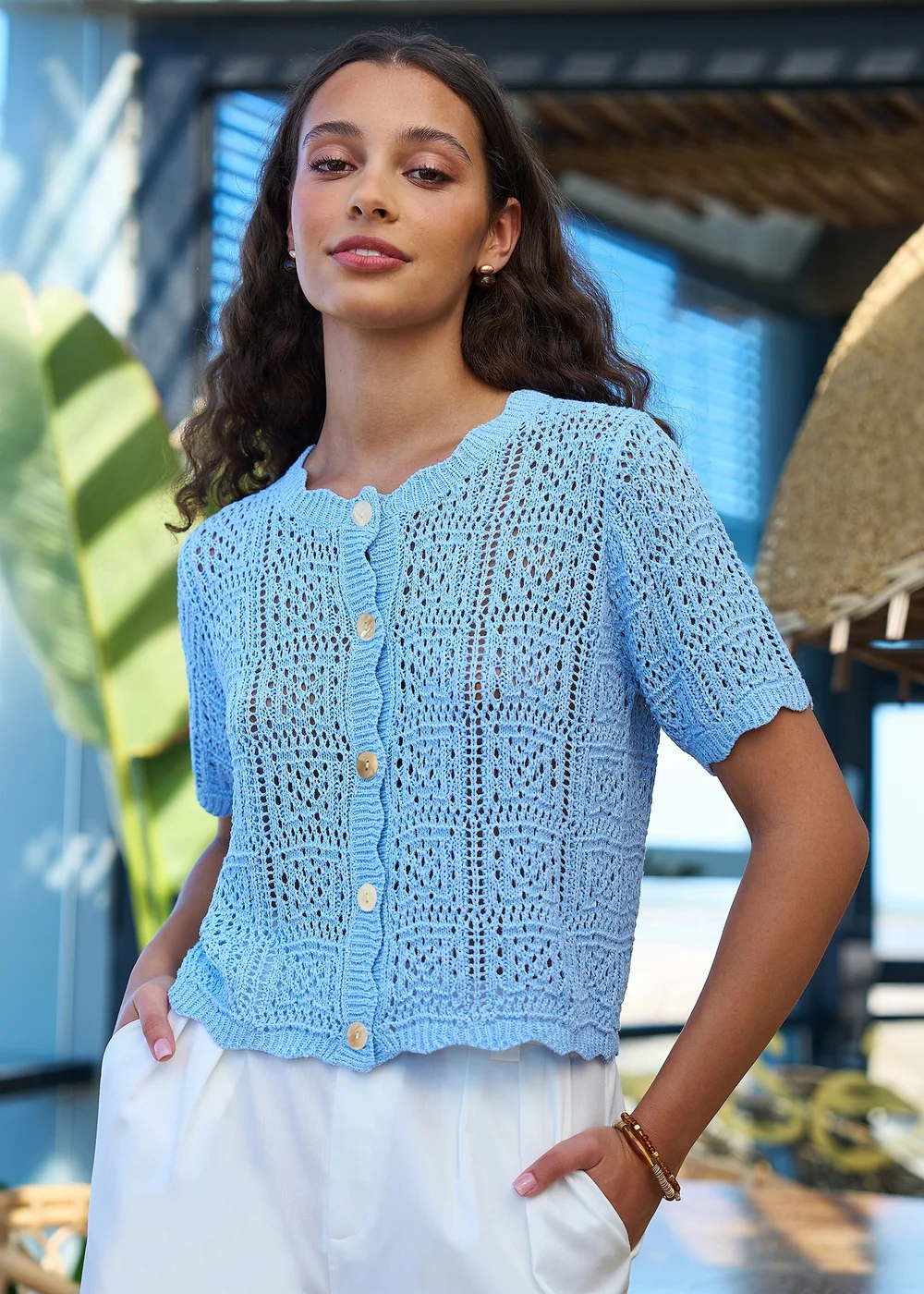 Yumi Blue Crochet Short Sleeve Cardigan - S Image 3