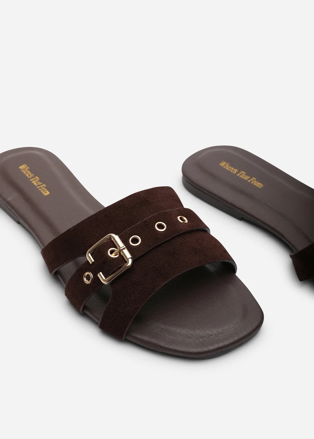 Where's That From Alvita Buckle Slide On Flat Dark Brown Suede Sandal - 7 Image 5