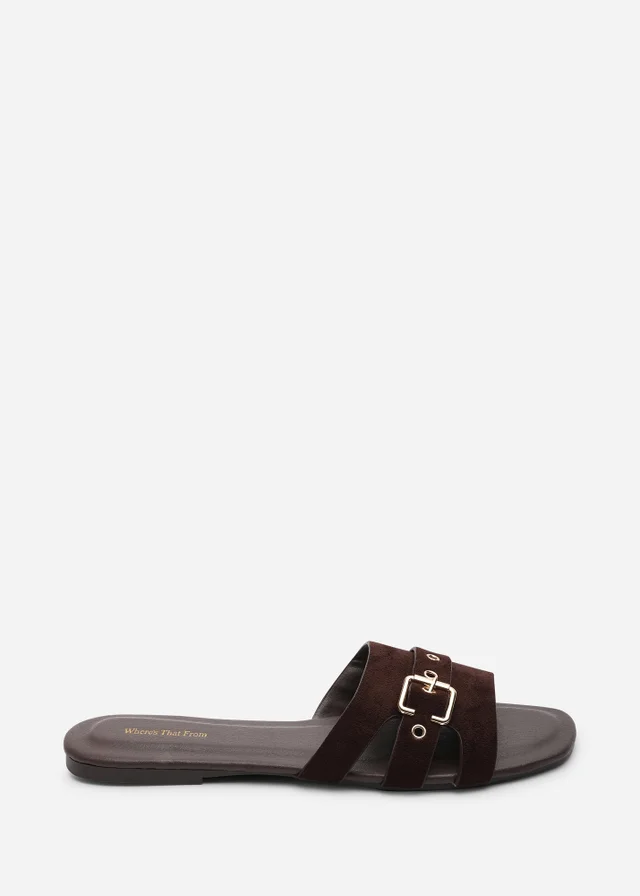 Where's That From Alvita Buckle Slide On Flat Dark Brown Suede Sandal
