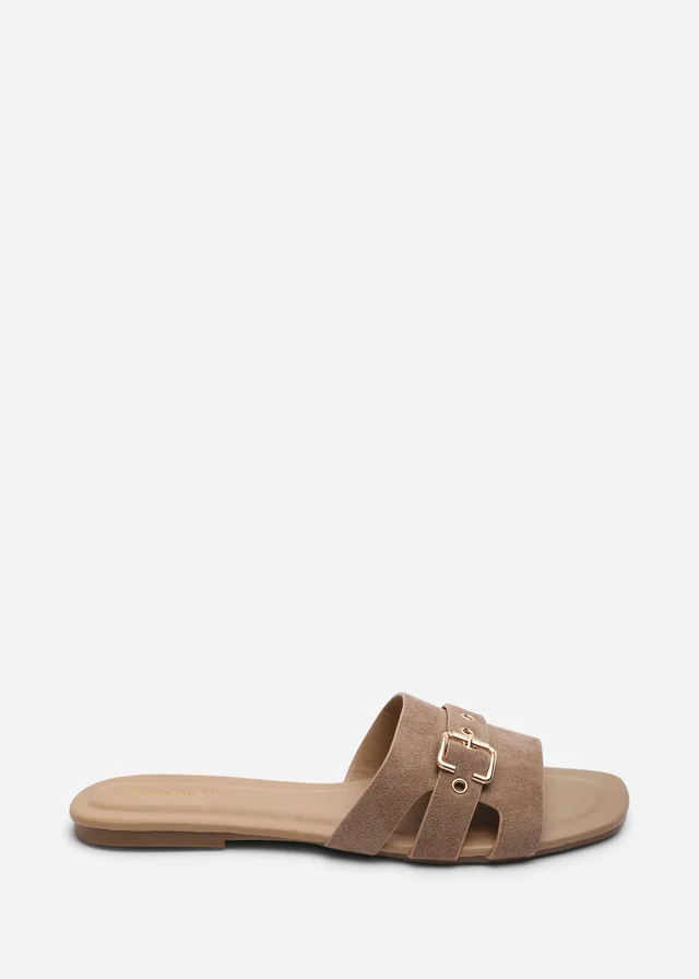 Where's That From Alvita Buckle Slide On Flat Camel Suede Sandal
