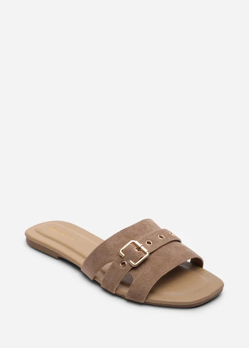 Where's That From Alvita Buckle Slide On Flat Camel Suede Sandal - 6 Image 3