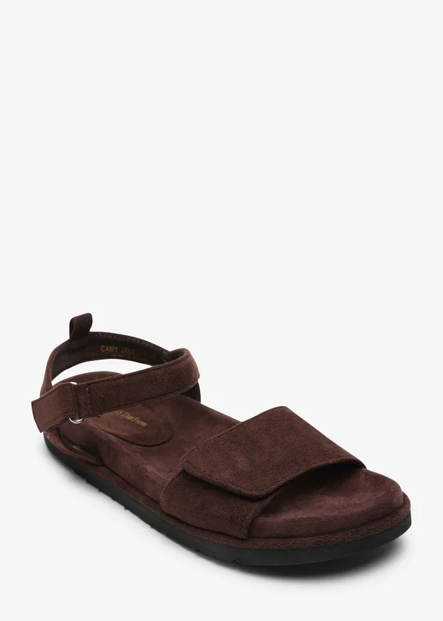 Where's That From Corfu Velcro Multi Strap Sandals In Dark Brown Faux Suede