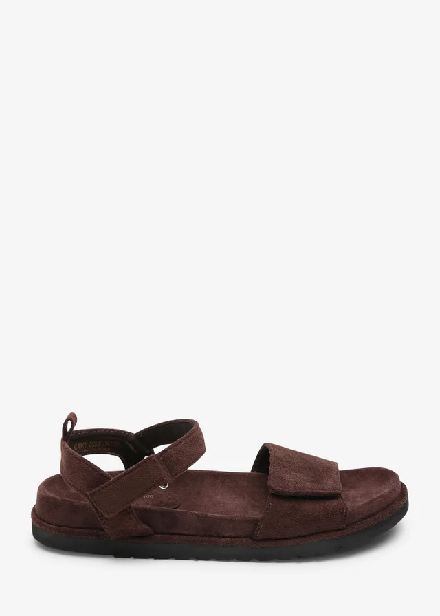 Where's That From Corfu Velcro Multi Strap Sandals In Dark Brown Faux Suede