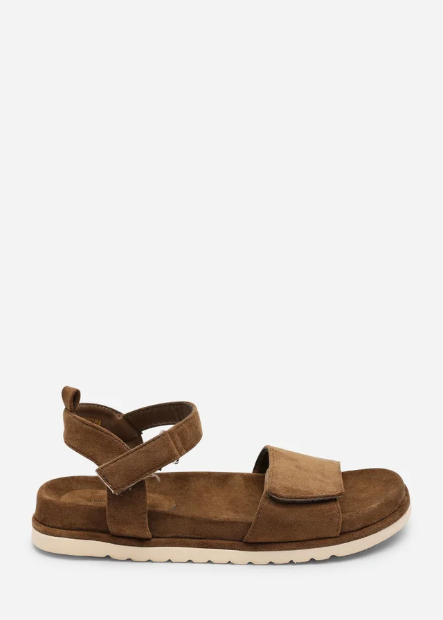 Where's That From Corfu Velcro Multi Strap Sandals In Khaki Faux Suede