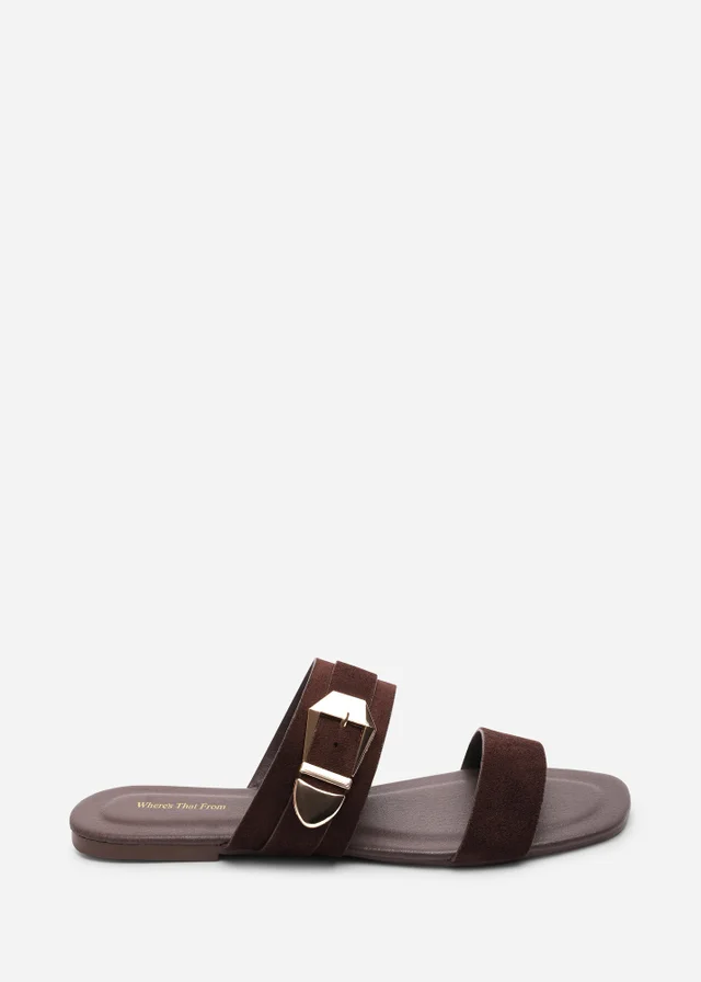 Where's That From Orlina Two Strap Side Buckle Dark Brown Faux Suede Sandal