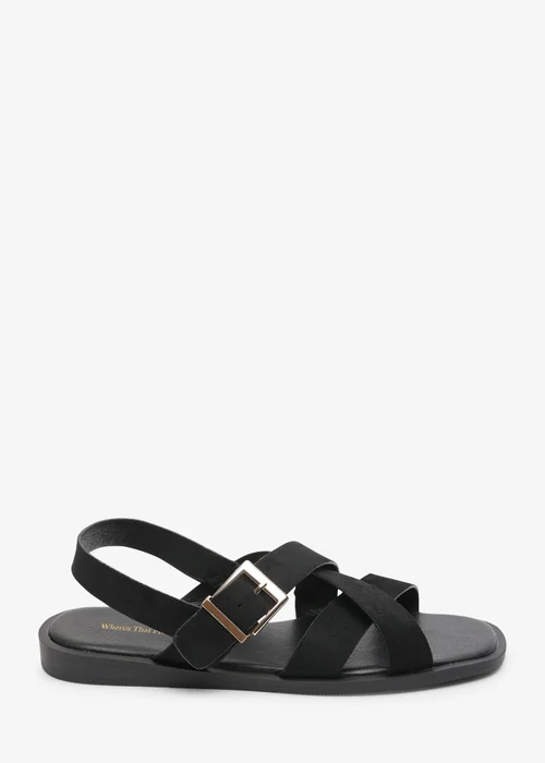 Where's That From Capri Cross Over Open Toe Black Faux Suede Sandal - 4 Image 1