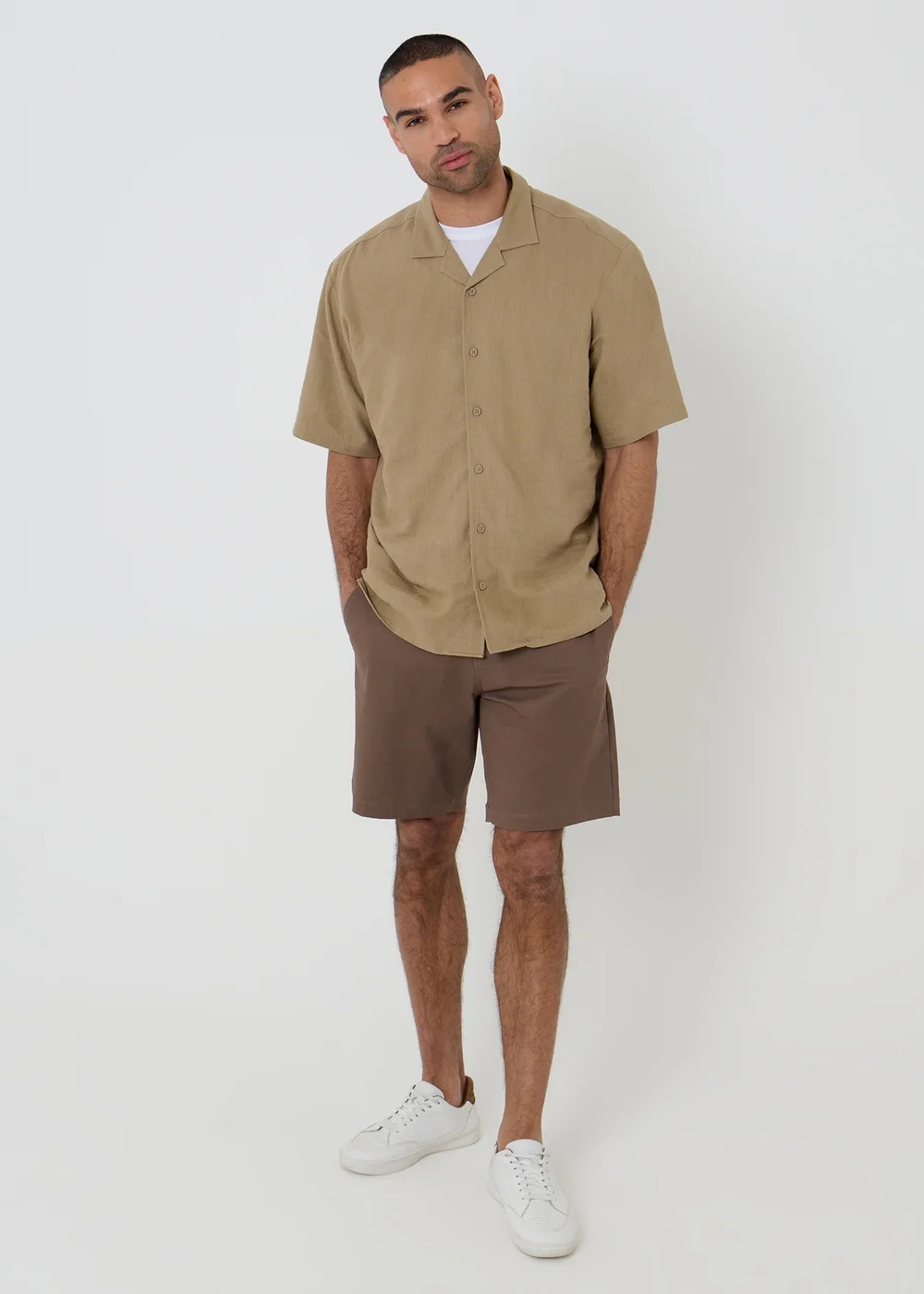 Threadbare Beige Linen Blend Revere Collar Short Sleeve Shirt - M Image 3