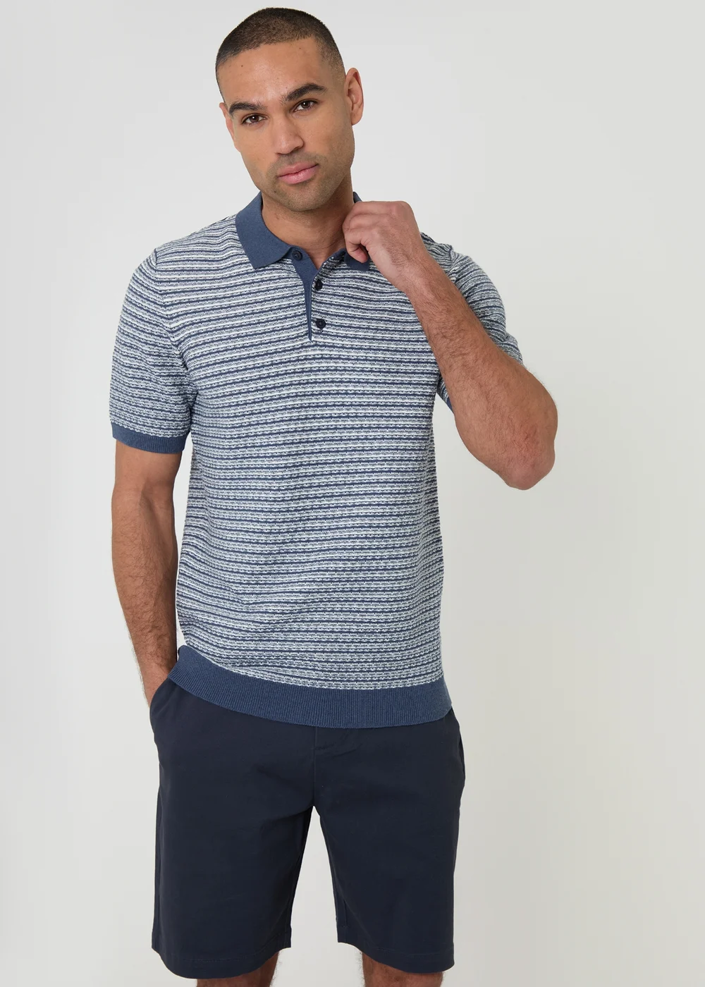 Threadbare Blue Textured Stripe Short Sleeve Knitted Polo - XL Image 1