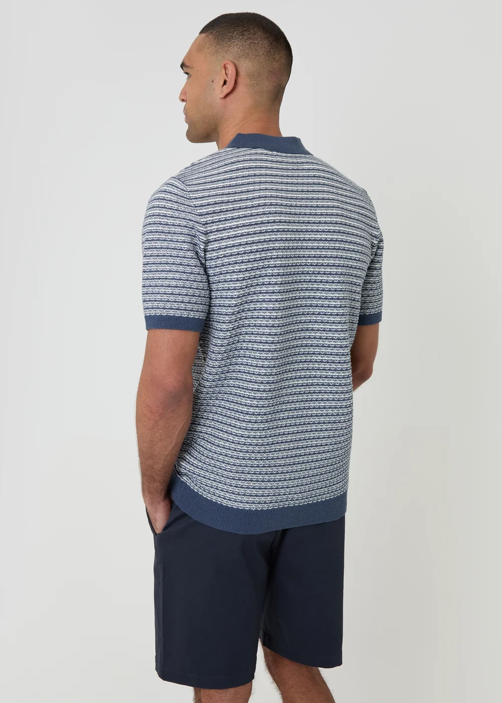 Threadbare Blue Textured Stripe Short Sleeve Knitted Polo - XL Image 2