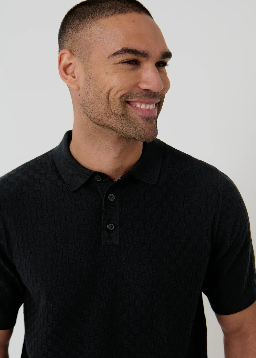 Threadbare Black Basket Stitch Short Sleeve Knitted Polo - S Image 4