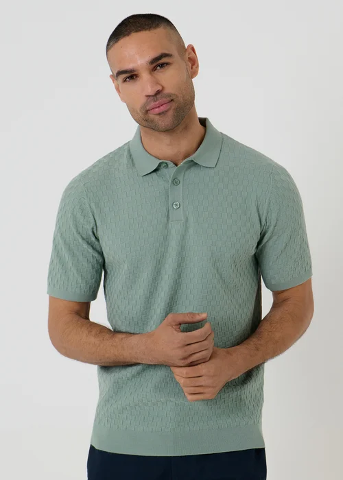 Threadbare Soft Green Basket Stitch Short Sleeve Knitted Polo - S Image 1