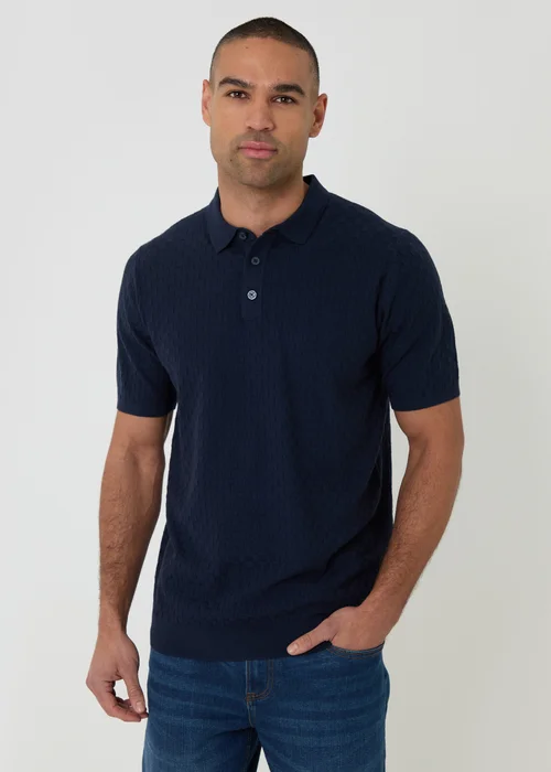 Threadbare Navy Basket Stitch Short Sleeve Knitted Polo - 2XL Image 1