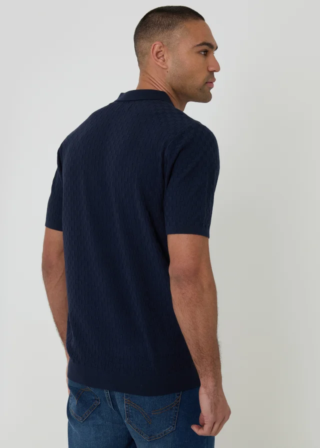 Threadbare Navy Basket Stitch Short Sleeve Knitted Polo