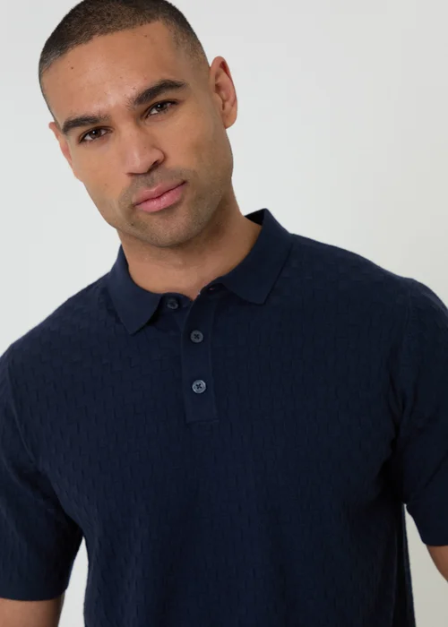 Threadbare Navy Basket Stitch Short Sleeve Knitted Polo - 2XL Image 4