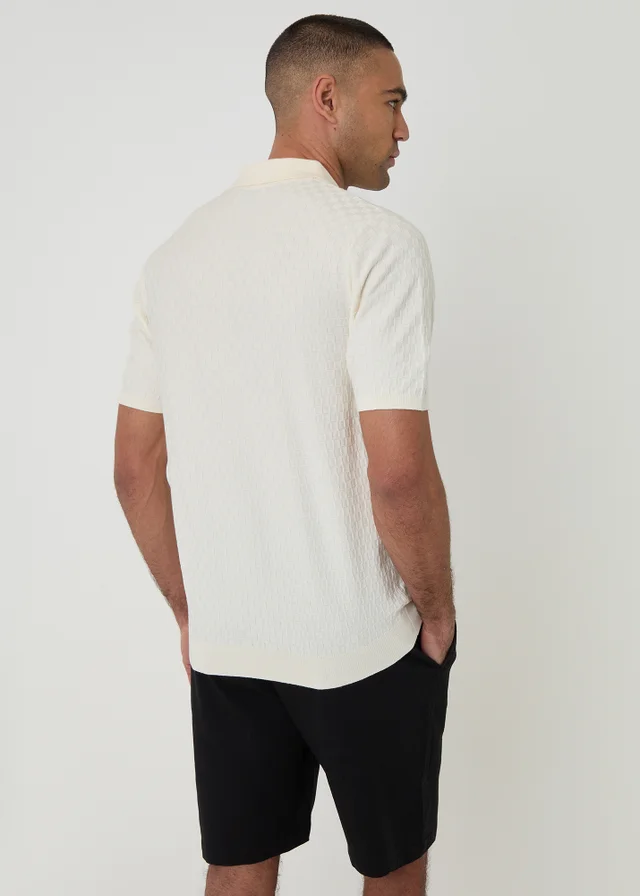 Threadbare Natural Basket Stitch Short Sleeve Knitted Polo