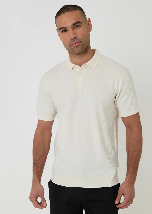 Threadbare Natural Basket Stitch Short Sleeve Knitted Polo