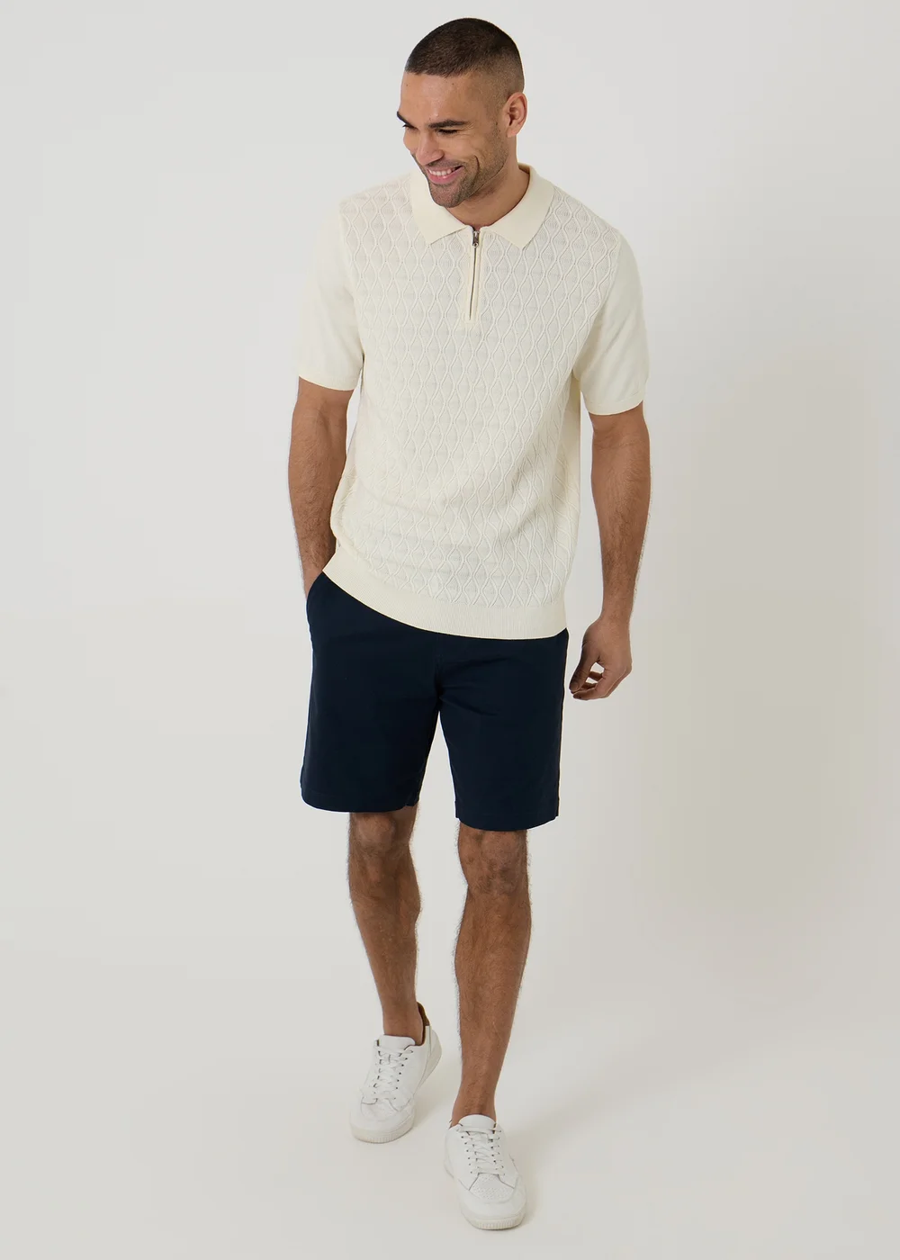 Threadbare Natural Diamond Cable Knit Quarter Zip Polo - XL Image 3