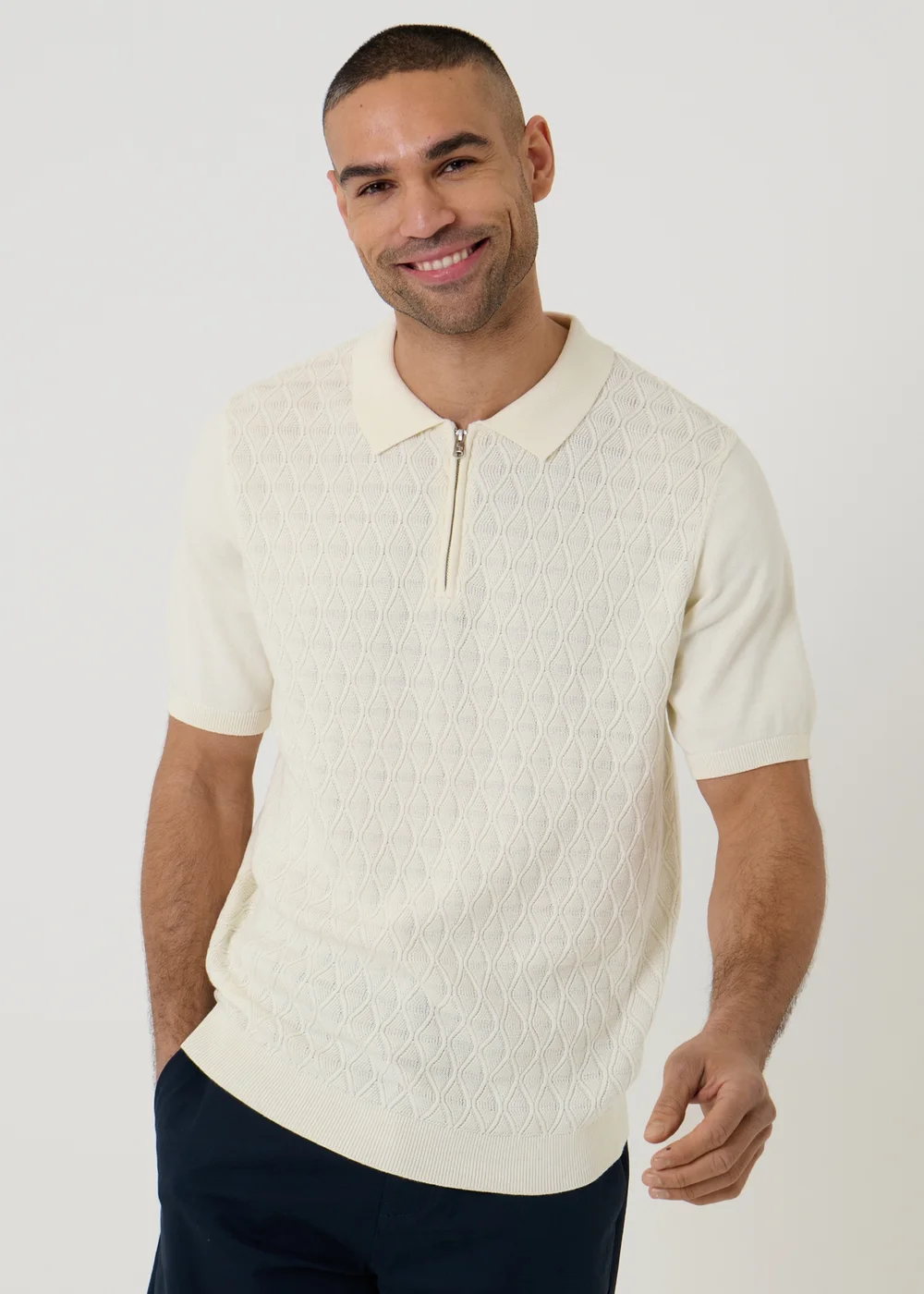 Threadbare Natural Diamond Cable Knit Quarter Zip Polo - XL Image 1