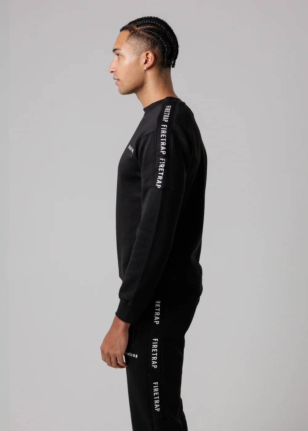 Firetrap Black Cotton Rich Brushed Fleece Crew Neck Sweatshirt With Logo Strip Sleeves - S Image 3