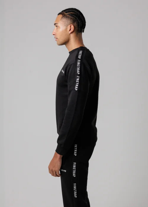 Firetrap Black Cotton Rich Brushed Fleece Crew Neck Sweatshirt With Logo Strip Sleeves - S Image 3