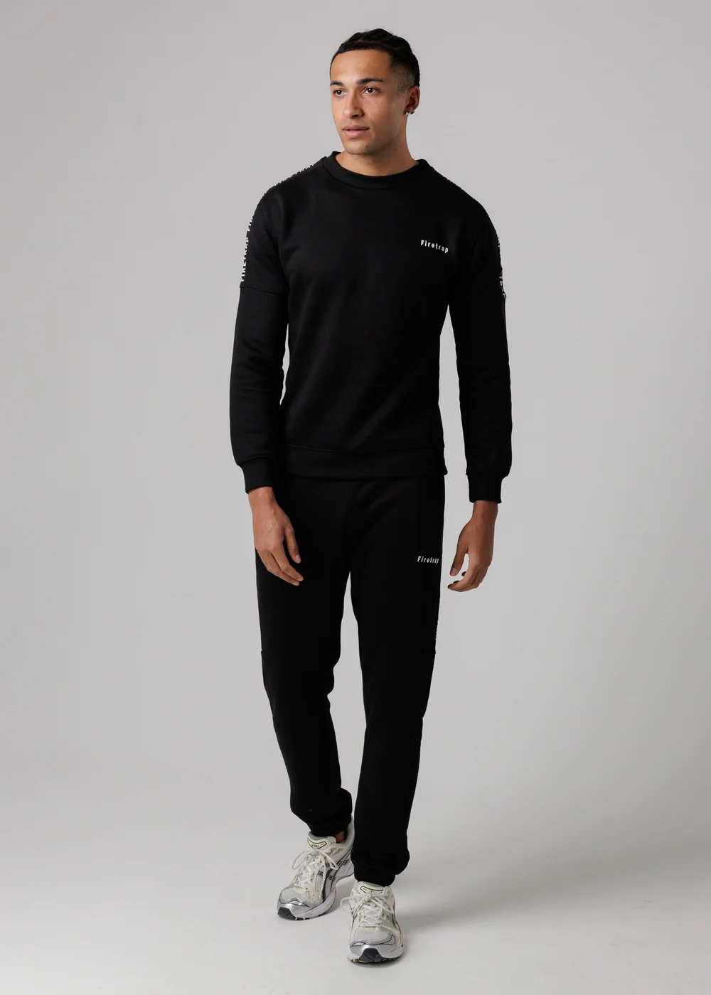 Firetrap Black Cotton Rich Brushed Fleece Crew Neck Sweatshirt With Logo Strip Sleeves - S Image 4