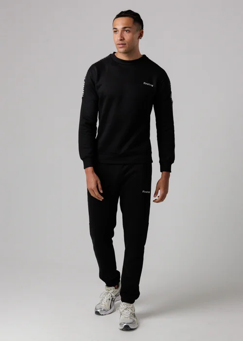 Firetrap Black Cotton Rich Brushed Fleece Crew Neck Sweatshirt With Logo Strip Sleeves - S Image 4