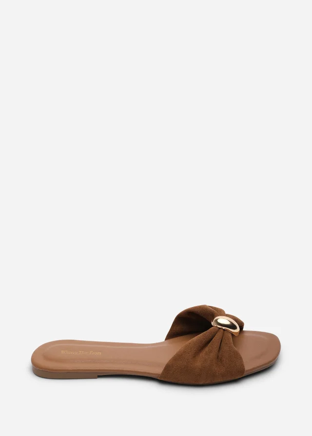Where's That From Arc Ruched Buckle Cognac Faux Suede Slide On Sandal