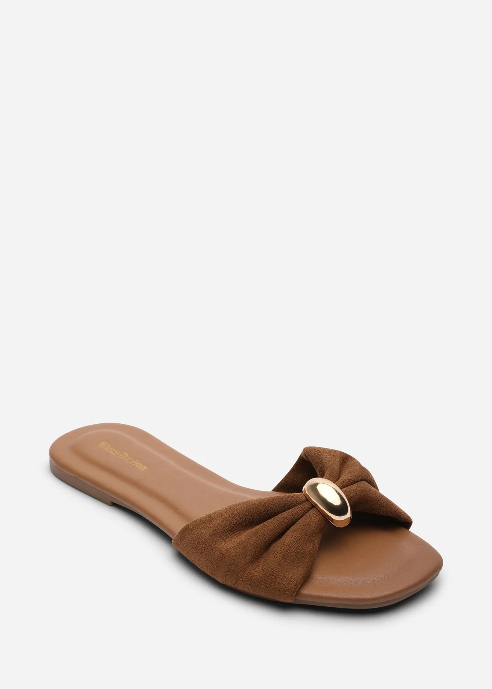 Where's That From Arc Ruched Buckle Cognac Suede Slide On Sandal - 6 Image 3