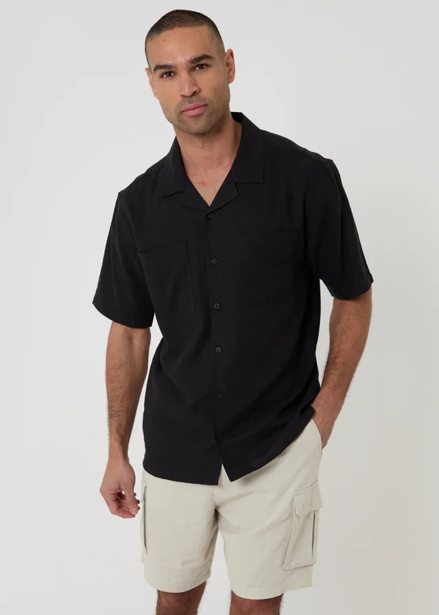 Threadbare Black Relaxed Fit Linen Blend Short Sleeve Shirt