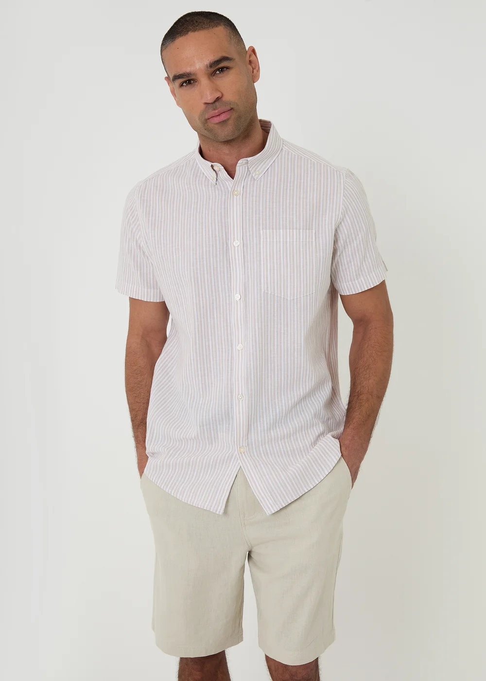 Threadbare Stone Stripe Linen Cotton Blend Short Sleeve Shirt - 2XL Image 1