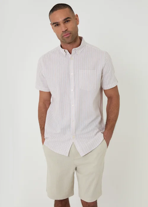 Threadbare Stone Stripe Linen Cotton Blend Short Sleeve Shirt - 2XL Image 1