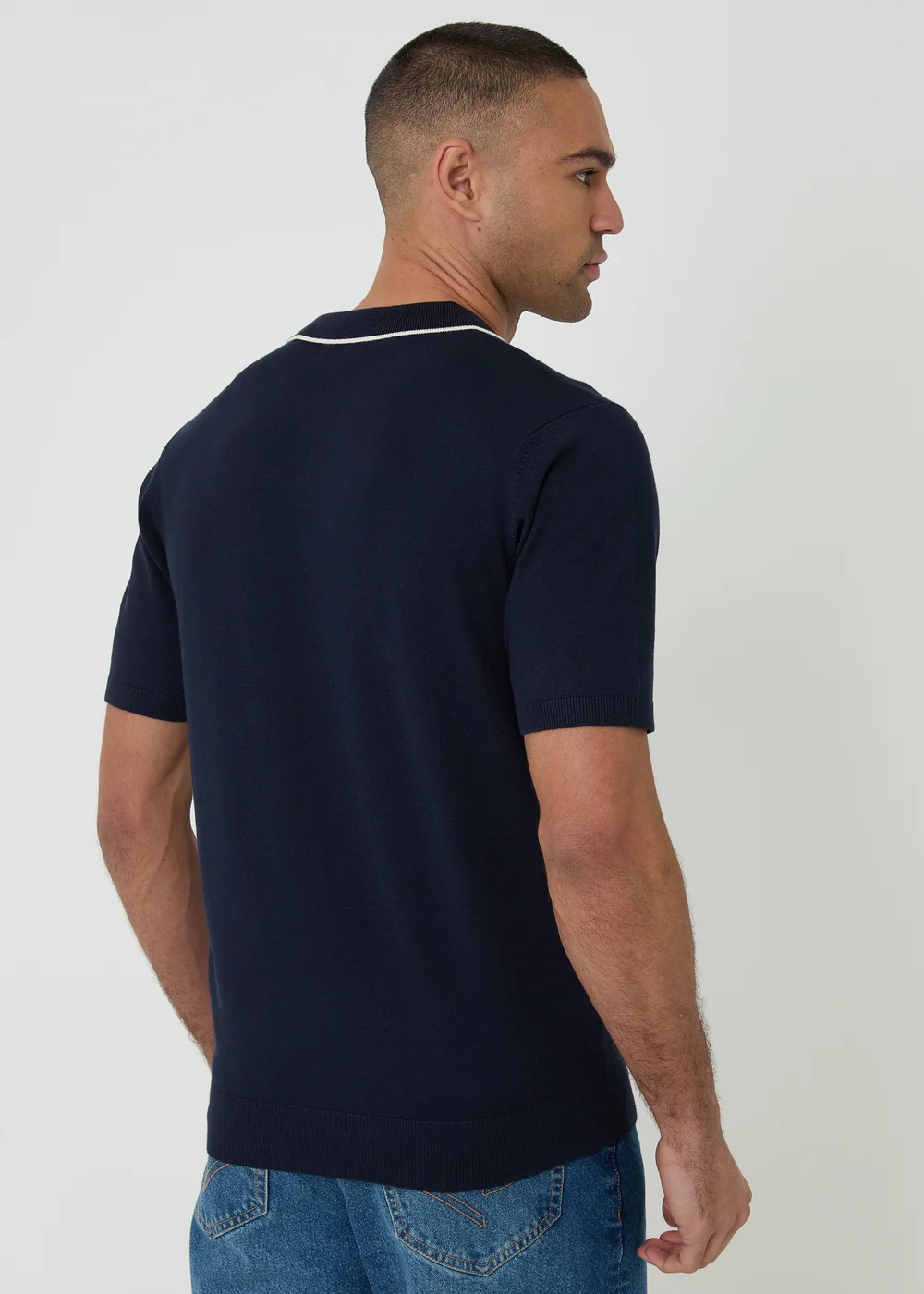 Threadbare Navy Knitted Contrast Tipping Trophy Neck Polo - L Image 2