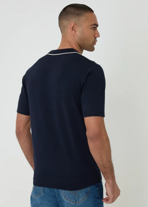 Threadbare Navy Knitted Contrast Tipping Trophy Neck Polo - L Image 2