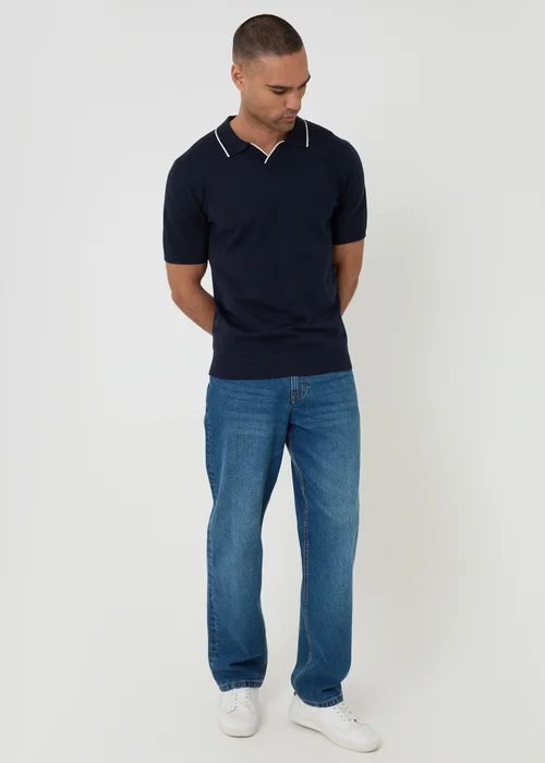 Threadbare Navy Knitted Contrast Tipping Trophy Neck Polo - L Image 3