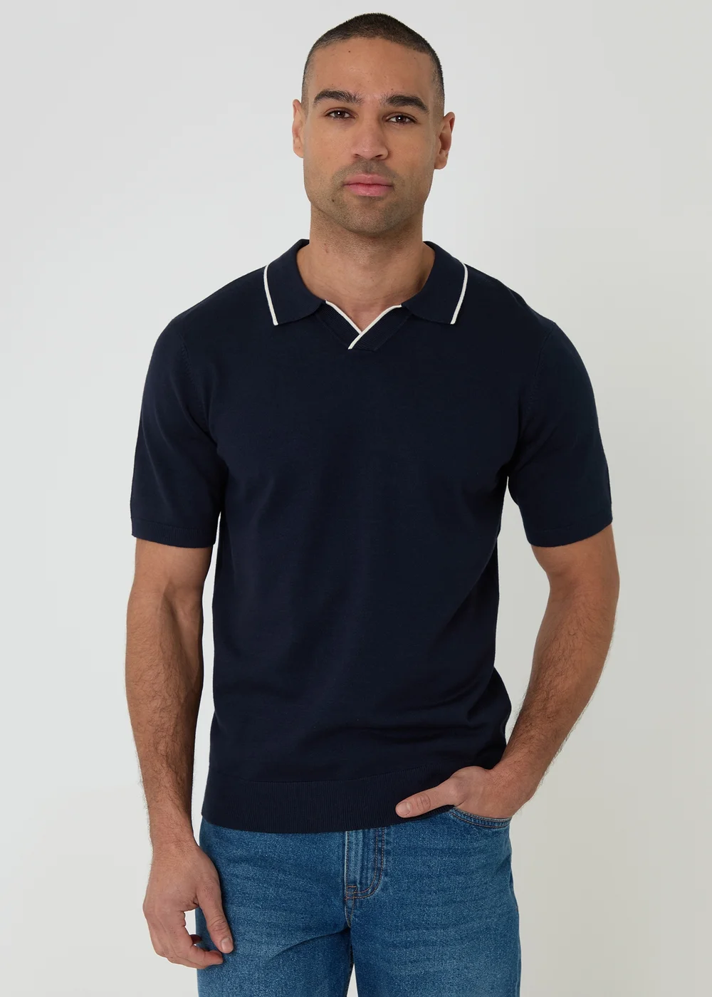 Threadbare Navy Knitted Contrast Tipping Trophy Neck Polo - L Image 1