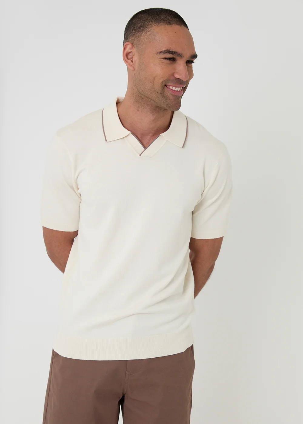 Threadbare Natural Knitted Contrast Tipping Trophy Neck Polo - 2XL Image 1
