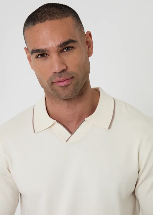 Threadbare Natural Knitted Contrast Tipping Trophy Neck Polo - 2XL Image 4